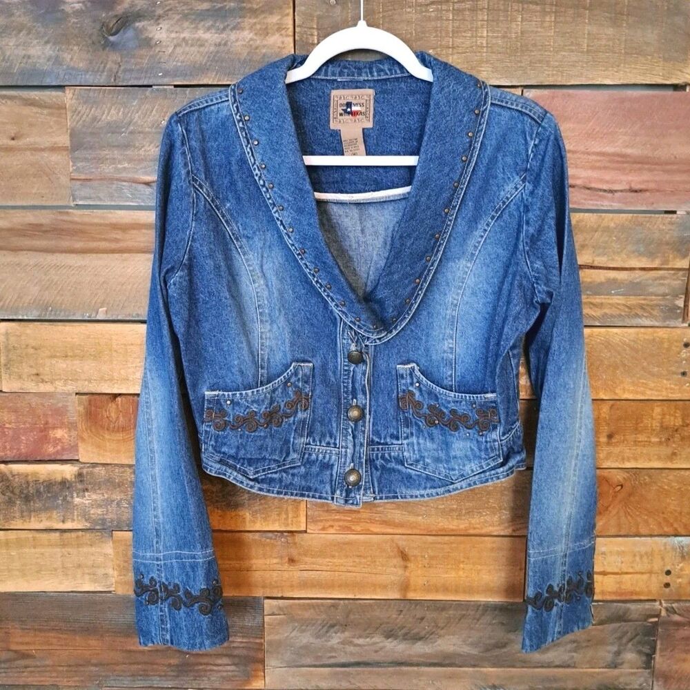 Womens Blue Denim Jean Jacket‎ Sz Medium Embroidered Western Boho Cowgirl Rodeo